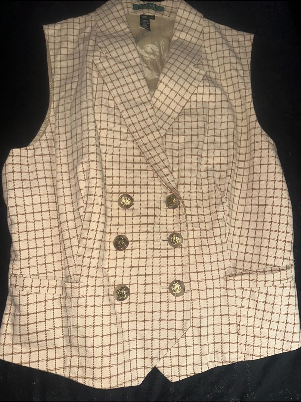 Lauren Ralph Lauren Cream Windowpane Double-Breasted Vest with Gold Buttons